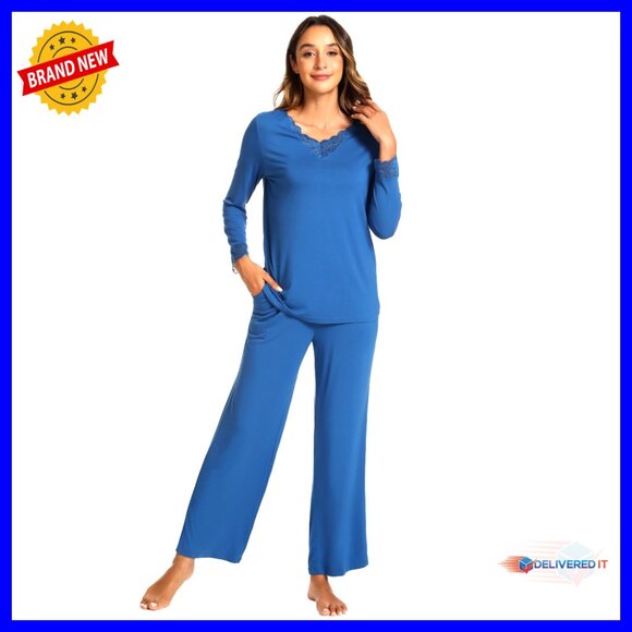 Women's Bamboo Viscose Pajama Set Long Sleeve Lace Trim Pockets